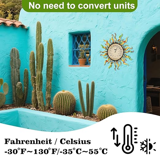 pealstar Large Outdoor Thermometer Waterproof Wall Thermometer Decorative Metal Sun Outdoor Thermometers for Patio Garden Yard Living Room Decor
