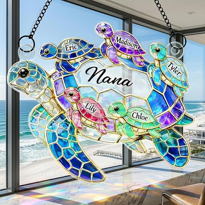 Personalized Turtle Suncatcher for Grandma, Custom Name Window Hanging Stained Glass Ornament, Colorful Window Decor for Grandparents, Gift for Mother's Day, Birthdays, Christmas