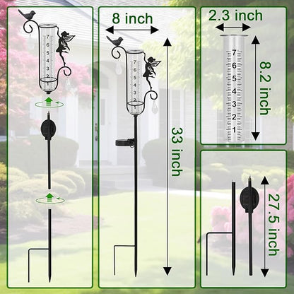 J-Fly Glass Weather Station with Rain Gauge for Solar Yard Decorations, Solar Glass Freeze Proof Rain Measure Gauge Outdoor Stratus Raingage Garden Stakes, Outdoor Yard Fairy Garden Decor Accessories