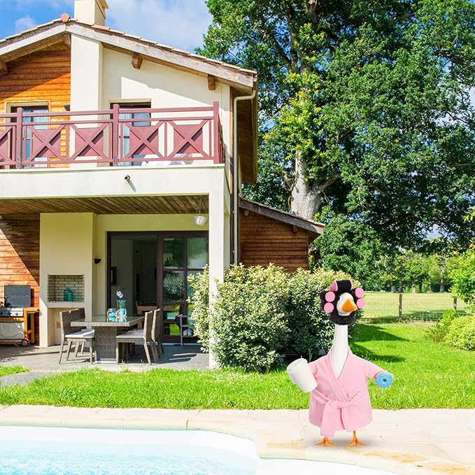 Shyyween Lady Porch Goose Outfits for 23'' Cement Plastic Geese Summer Statue Clothes Pink Bathrobe Coffee Cup Curlers for Outdoor Garden Lawn Yard Patio Decoration