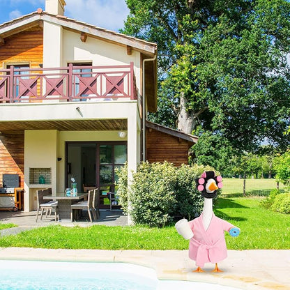 Shyyween Lady Porch Goose Outfits for 23'' Cement Plastic Geese Summer Statue Clothes Pink Bathrobe Coffee Cup Curlers for Outdoor Garden Lawn Yard Patio Decoration