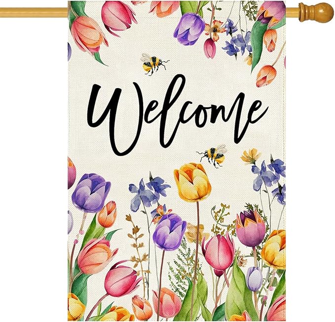 Baccessor Spring Summer Easter Tulip Welcome House Flag Double Sided Bee Colorful Floral Burlap Yard House Seasonal Farmhouse Outside Outdoor Decoration 28 x 40 Inch（large）