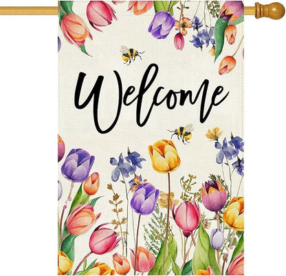Baccessor Spring Summer Easter Tulip Welcome House Flag Double Sided Bee Colorful Floral Burlap Yard House Seasonal Farmhouse Outside Outdoor Decoration 28 x 40 Inch（large）