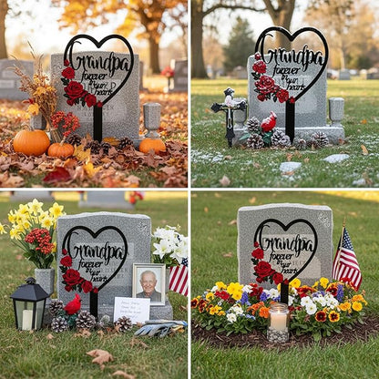 AIM & GGKK Memorial Stake for Grandpa - Metal Heart Grave Marker with Red Roses, Memorial Plaque Cemetery Decor for Grave, Garden, Gravesite
