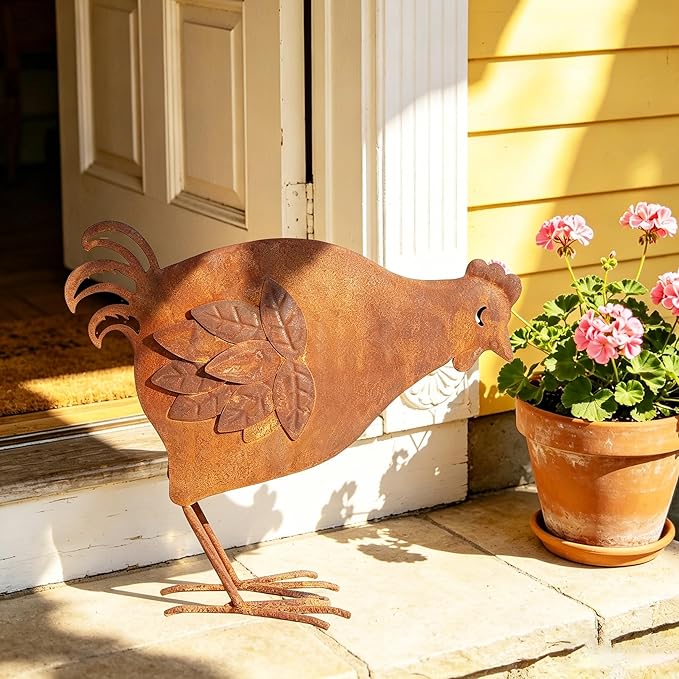 Metal Rooster Garden Decor for Outside, 12.6" Rusty Chicken Outdoor Decor for Patio Lawn Backyard, Decoration Yard Art Animal Ornaments Vintage Rustic Chicken Figurine Sculptures Statues