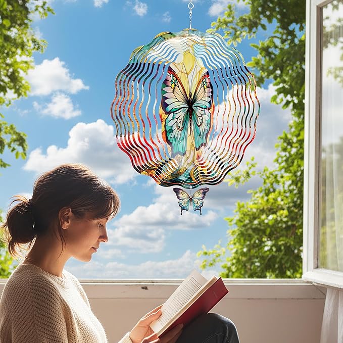 Butterfly Wind Spinners Outdoor - 3D Steel Stainless Flower Hanging Decor Garden Yard Patio Indoor Outside Art Ornaments 12 Inch Kinetic Sculpture Birthday for Women Mom Wife