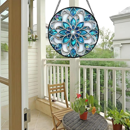 Stained Glass Window Hanging - Blue White Abstract Flowers Suncatcher for Door Terrace Garden Home Decor Boho Sun Catcher Birthday Gifts for Lovers Women Men Dad Mom Nana 9.8 in