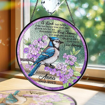 Personalized Bird Memorial Stained Glass Suncatcher, Sympathy Gift for Loss of Loved One, in Loving Memory Crystal Window Suncatcher, Remembrance Gift for Mom, Dad, Family, Memorial Keepsake Decor
