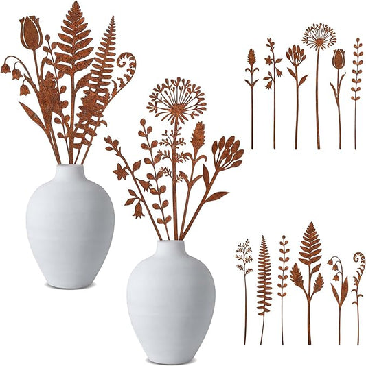 12 Pcs Rusty Metal Flowers and Plants, Rustic Metal Fern Leaf Garden Stakes, Rusty Plant Shaped Decoration for Flower Arrangement Potted Plants Outdoor Lawn Yard Courtyard Art
