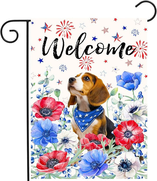 4th of July Beagle Garden Flag Red White Blue Floral Dog Yard Flags Small Memorial Independence Day Banner 12x18 Double Sided for Outside Outdoor Patriotic Decor