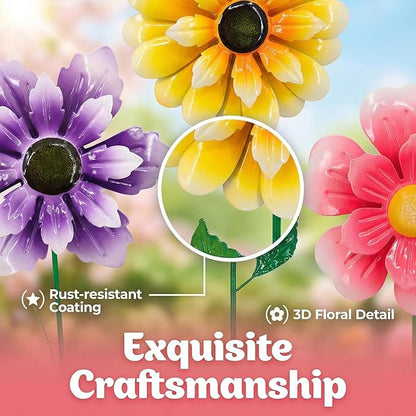 3pcs 18inch Metal Flower Decorative Garden Stakes & Wind Spinner for Outdoor, Colorful Yard Art Garden Decorations for Outside Lawn Porch Pathway Patio.