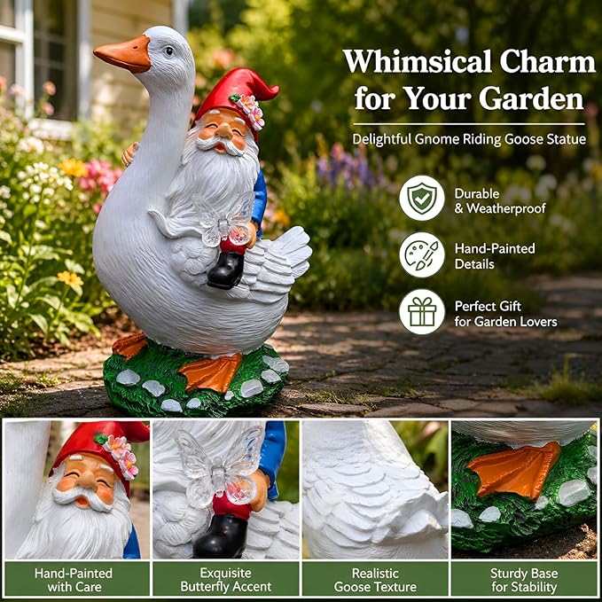Garden Gnomes Outdoor, Funny Lawn Gnome Statue Decorations, Solar Gnome Riding Goose Figurines Ornament for Patio, Balcony, Yard - Mothers Day Gifts for Women, Mom, Grandma