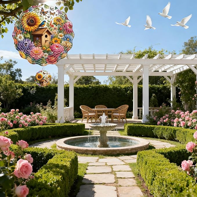 Rngmsi Flower Wind Spinners Outdoor Garden Decor for Outside, 3D Metal Wind Spinner Hanging Decor Kinetic Art for Yard, 12 in Stainless Steel Hanging Gifts for Women Housewarming