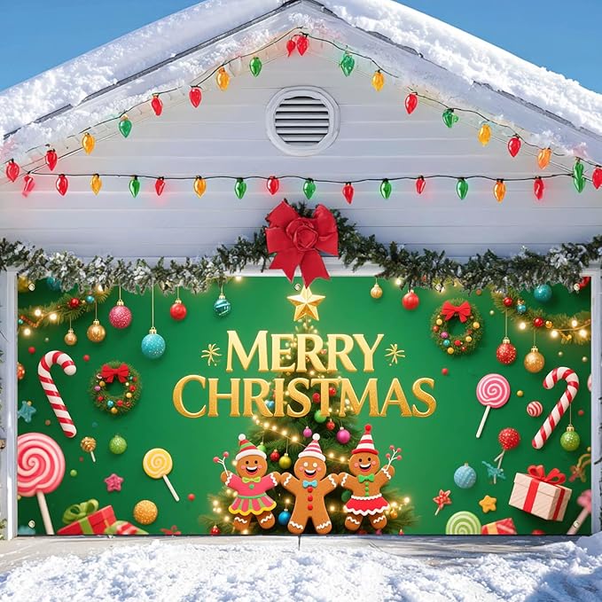IVN Green Candy Christmas Garage Door Banner 6x13 ft Holiday Backdrop with Gingerbread Ornaments Garage Door Covers Decorative Garage Door Cover Mural for Outdoor Wall Decor