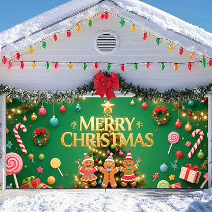 IVN Green Candy Christmas Garage Door Banner 6x13 ft Holiday Backdrop with Gingerbread Ornaments Garage Door Covers Decorative Garage Door Cover Mural for Outdoor Wall Decor