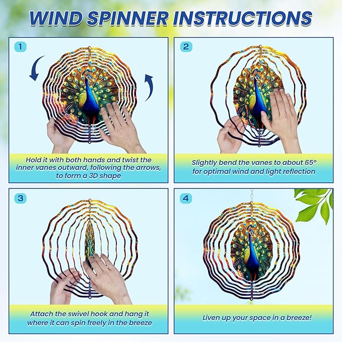 FLAGWIX Peacock Wind Spinners Outdoor - 3D Stainless Steel Metal Kinetic Spinner 12 inch - Gardening Gifts for Women, Peacock Yard Art Home Garden Decor, Gifts for Outside