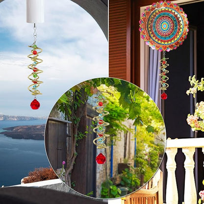 FONMY Gazing Ball Spiral Tail -Decorative Wind Spinner Sun Catcher Rainbow Maker Golden Double-Spiral W/Red Crystal Ball and Chain Crystals Beads for Indoor Outdoor Garden Decoration -14 inch Height