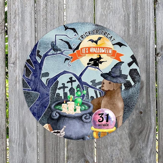 Retro Metal Sign 12"x12",Happy Halloween Scary Night Grave Witch Bats Trick Or Treat Dog Aluminum Tin Metal Sign for Home Living Room Bedroom Garden Farm Patio Decor Wall Art Poster
