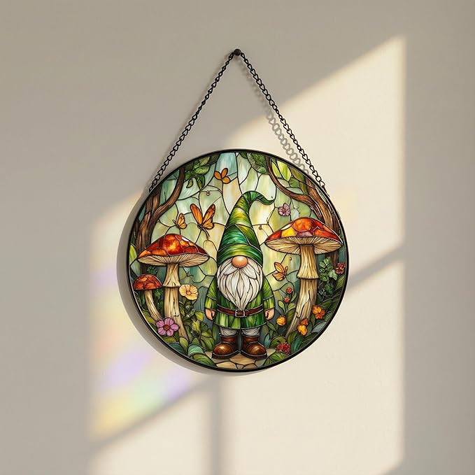 Gnome Stained Glass Suncather for Window Hanging with Mushroom & Butterfly, 6.3'' Forest Gnome Ornament Gift for Women, Whimsical Home Decor Gifts for Mom Grandma (Green Gnome, 6.3'')
