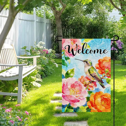 IVN Welcome Hummingbird Garden Flag 12x18 Inch – Colorful Floral Peony Spring Summer Outdoor Flag, Double Sided Burlap Farmhouse Yard Flag for Porch Lawn Patio Decor