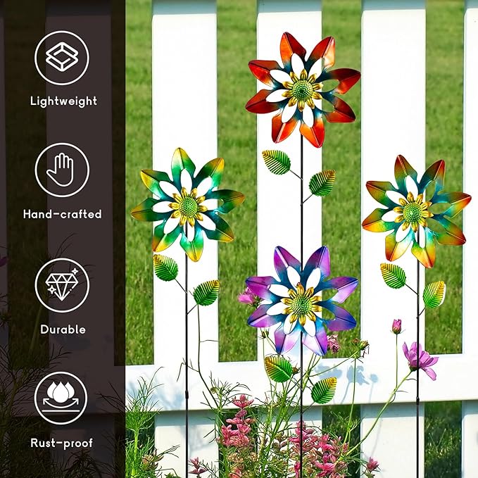 4 Pack Wind Spinners Outdoor, Colorful Small Flower Windmill, Metal Pinwheels Decorative Garden Stakes for Yard Patio Lawn Garden Decor, 27 x 7 Inches