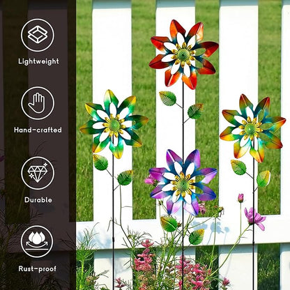 4 Pack Wind Spinners Outdoor, Colorful Small Flower Windmill, Metal Pinwheels Decorative Garden Stakes for Yard Patio Lawn Garden Decor, 27 x 7 Inches