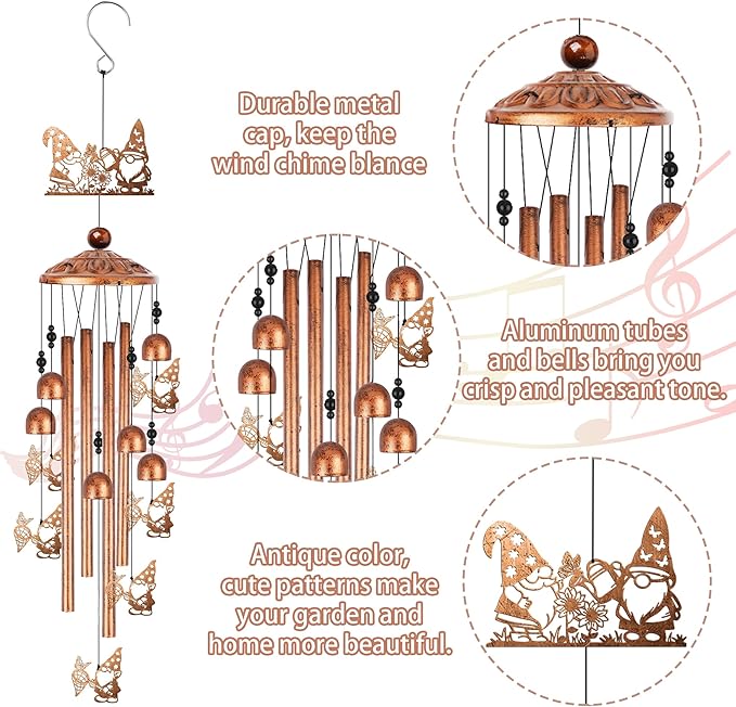Romart Garden Gnomes Wind Chimes for Outside, Gnome Gifts for Women Men Mom Wife Grandma Birthday Memorial Windchimes for Outdoors Indoors, Garden, Patio, Home, Porch, Yard Decorations