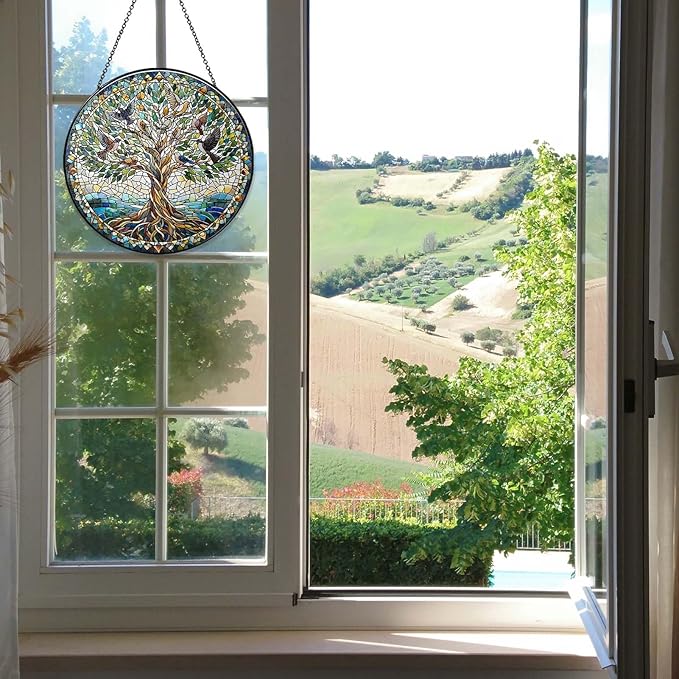 Tree of Life with Birds Sun Catcher RVEAFA Stained Glass Window Hanging Birds Lover Gifts for Women Wall Decor Handmade Sun Catcher Decoration for Garden Home Housewarming Gifts（20 * 20cm