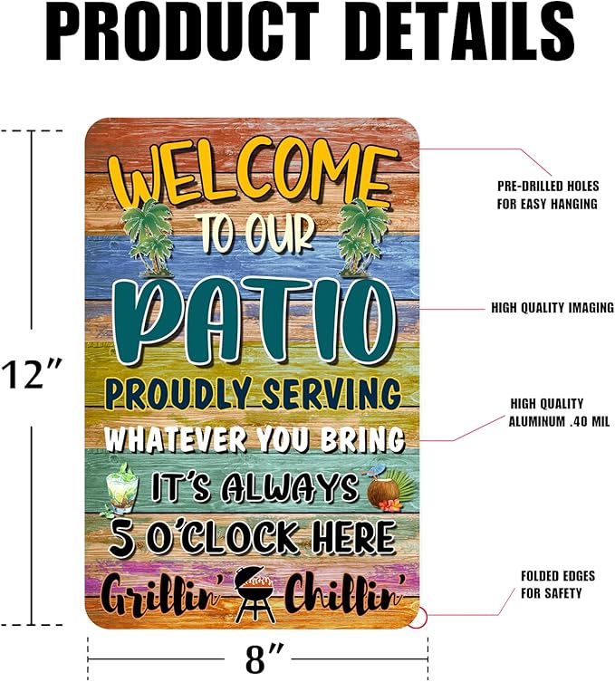 Welcome Patio Bar Signs For Home Porch Bar Wall Decor Beach Bar Decorations For Backyard Tiki Bar Hot Tub Poster Tin Sign 8x12 Inch