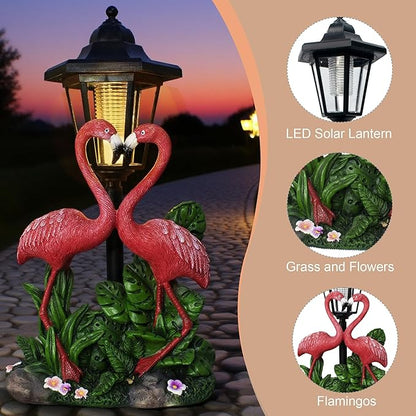 Garden Flamingo Outdoor Statue with Solar Lantern Unique Double Head Flamingo Gifts for Women,Mom,Lover Outdoor Figurine for Yard, Patio, Balcony