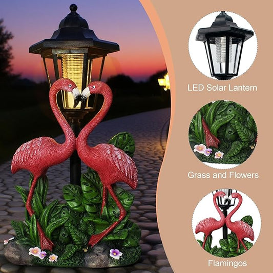 Garden Flamingo Outdoor Statue with Solar Lantern Unique Double Head Flamingo Gifts for Women,Mom,Lover Outdoor Figurine for Yard, Patio, Balcony