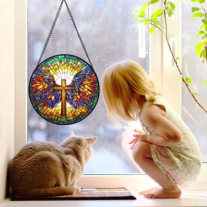 DASTOLL Stained Glass Window Hanging - Jesus Cross Wings Suncatcher Ready to Hang Window Doors Home Decoration and Christmas, Mother's Day Birthday Gifts for Women, Men, and Mom 9.8x9.8 in