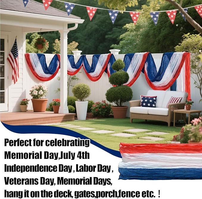 2 PCS 3 * 20ft Patriotic Bunting Banner 4th of July American Bunting Flag Red White and Blue Banner Outdoor Decoration for Independence Day Party Labor Day Veterans Day Memorial Day Porch Yard Door