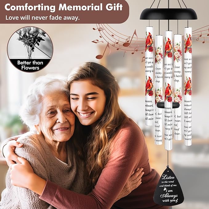 Memorial Wind Chimes Sympathy Gift - Cardinal Windchimes in Loving Memory of Loved One, Bereavement Gifts for Loss of Mom/Dad, Condolences Grief Remembrance Funeral Grieving