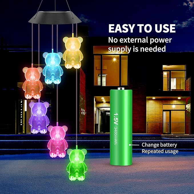 Solar Wind Chimes for Outside,32 Inch Waterproof Solar Powered Wind Chimes Bear Color Changing Outdoor Lights for Window Yard Garden Xmas Decor Mom Grandma Gift