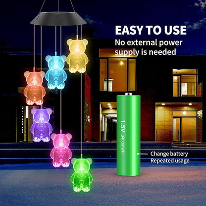 Solar Wind Chimes for Outside,32 Inch Waterproof Solar Powered Wind Chimes Bear Color Changing Outdoor Lights for Window Yard Garden Xmas Decor Mom Grandma Gift