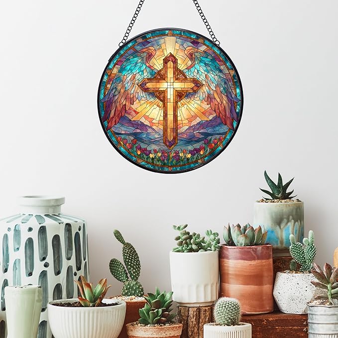 Cross Stained Glass Window Hanging Suncatchers, Christian Cross Sun Catchers Indoor Window Glass Wall Art Decor, Religious Biblical Wall Hanging Decorations Sculptures, 7.9x7.9in