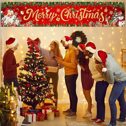 Christmas Yard Decorations Red Merry Christmas Banner Hanging Yard Sign Xmas Santa Claus Snowman Reindeer Home Wall Decor for Garden Outdoor Indoor Birthday Holiday Party Supplies 118 X 23 Inches