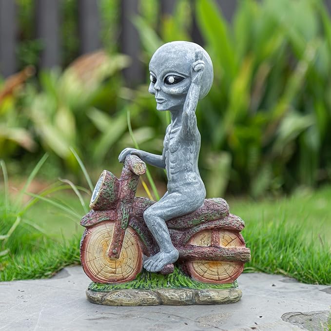 12.99 Inches Solar - Powered Alien Motorcycle Outdoor Decorative Statue. Ideal for adorning courtyards, lawns, and Balconies. Unique Housewarming Gift for Yards
