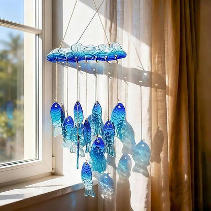 H&D HYALINE & DORA 21 Inch Blue Sea Glass Wind Chimes for Outside Blown Glass Fish Windchime Outdoor Decor for a Harmonic Porch, Patio & Garden
