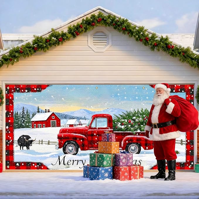 IVN Merry Christmas Garage Door Banner 13x6ft Festive Buffalo Plaid Truck in Snowy Landscape Photo Prop Background for Joyful Holiday Yard Door Cover Background Outdoor Winter Scene