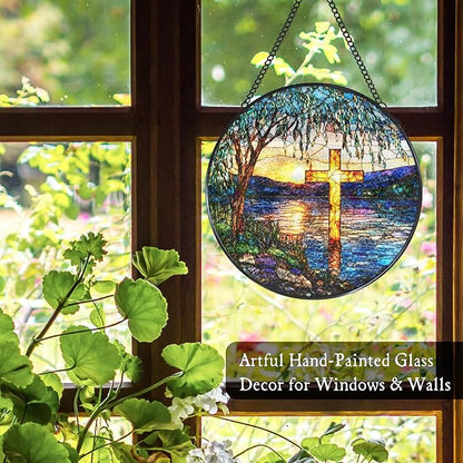Cross Willow Tree Stained Glass Window Hanging Suncatcher, Christian Willow Sunset Sun Catcher Indoor Window Decor, Religious Painted Glass Round Wall Hanging Decorations, 7.8x7.8 in
