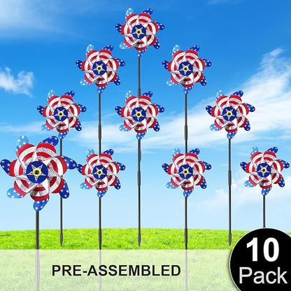 BATTIFE Reflective Pinwheels for Yard and Garden, Pre-Installed Sparkly Blind Birds Pin Wheel, Scare Birds & Animal Away Wind Spinner, 10 Pack (American Flags)