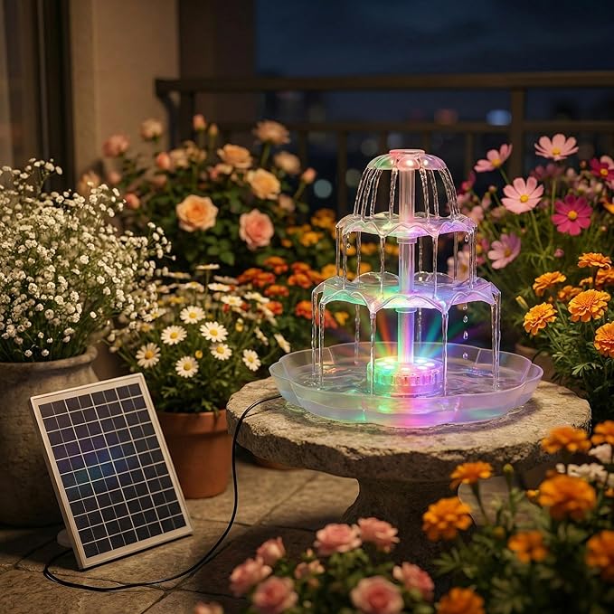AISITIN 6.5W Solar Bird Bath Fountains with Lights, 3 Tiered Bird Bath with Solar Water Pump, Upgraded Detachable DIY Solar Powered Fountain for Garden, Patio, Yard and Pond