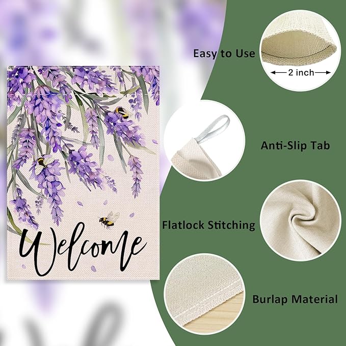 Welcome Spring Lavender Decorative House Flag, Purple Floral Flowers Bee Garden Yard Outside Decorations, Summer Farmhouse Outdoor Large Home Decor Double Sided 28 x 40