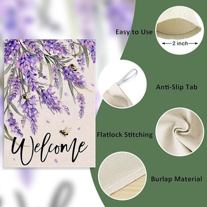 Welcome Spring Lavender Decorative House Flag, Purple Floral Flowers Bee Garden Yard Outside Decorations, Summer Farmhouse Outdoor Large Home Decor Double Sided 28 x 40