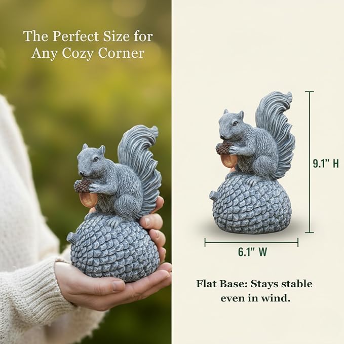 Solar Garden Statue – Hand-Painted Resin Squirrel on Pinecone with Glowing LED Acorn – Charming Yard, Patio & Balcony Decor – Gift for Mom, Grandma & Garden Lovers