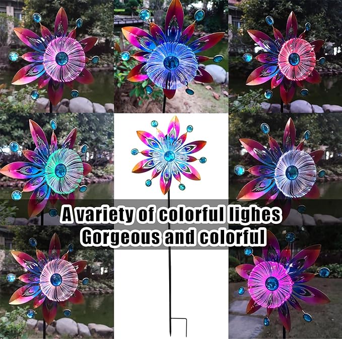 COOZZYHOR Soalr Wind Spinners Garden Stake,42 Inch Metal Peacock Feather Fiber Optic Windmills,Wind Sculpture Decor for Lawn, Patio&Yard Outdoor Decorations