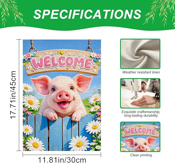 IVN Welcome Pig Spring Garden Flag 12x18 Inch Funny Piglet Watercolor Blue Garden Gate Fence Daisies Pink Flower Dasiy Watering Can Floral Double Sided Burlap Vertical Small Yard House Flag Seasonal Outdoor Decoration for Outside Home Front Door Lawn P...