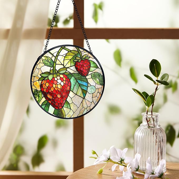 Strawberry Suncatchers Stained Glass Window Hanging, Summer Fruit Sun Catchers Indoor Window Glass Round Wall Decor, Strawberry Wall Hanging Decorations, Fruit Kitchen Decor, 7.9x7.9in